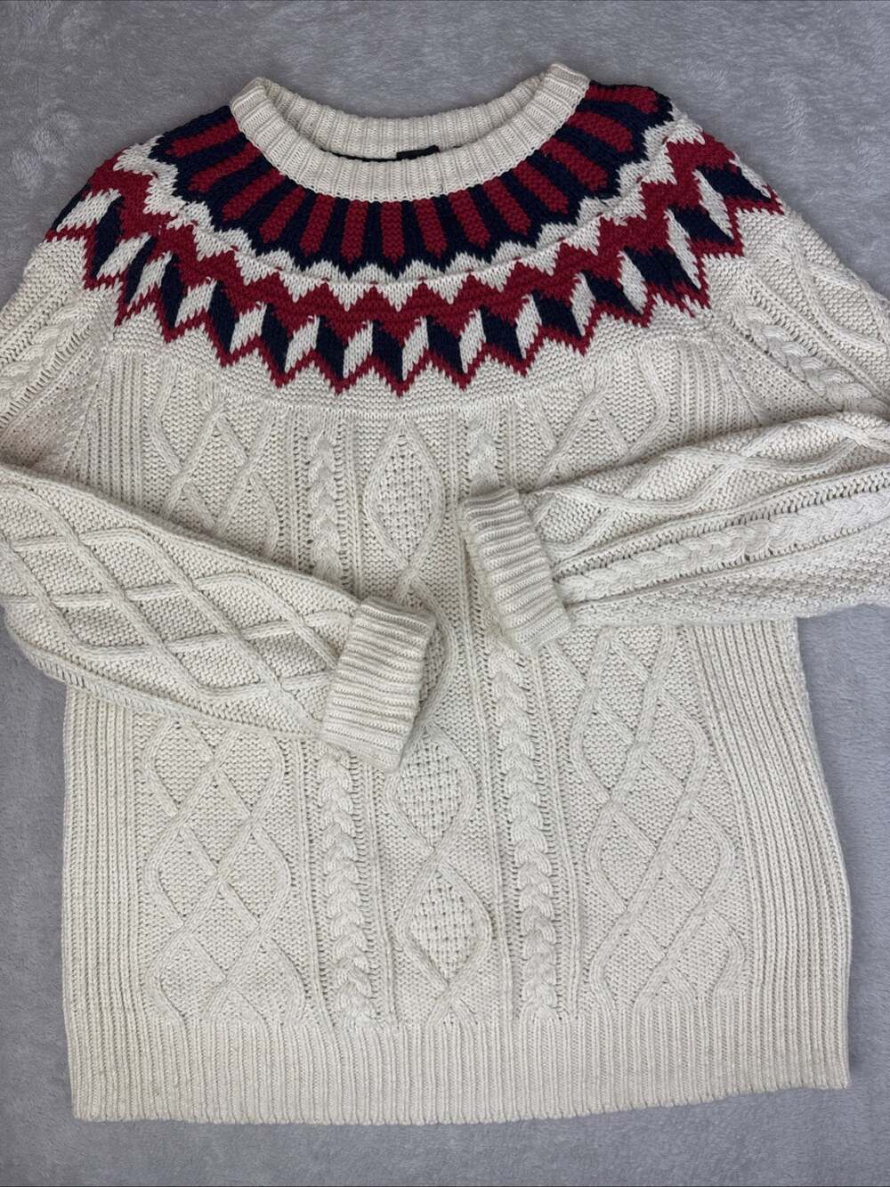 J Crew Women’s M Nordic Fair Isle Sweater Merino Wool Blend Cable Knit Ski Cozy